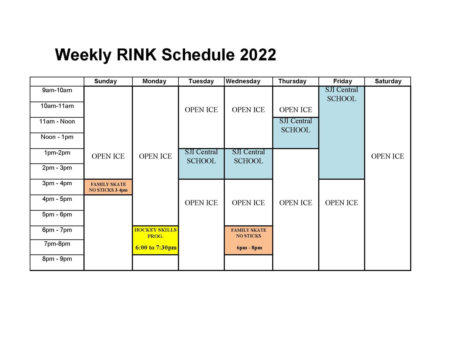Rink Schedule 2022